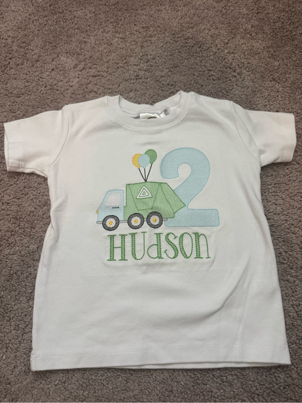 Personalized White Kids T-Shirt with Green Truck & Number 2